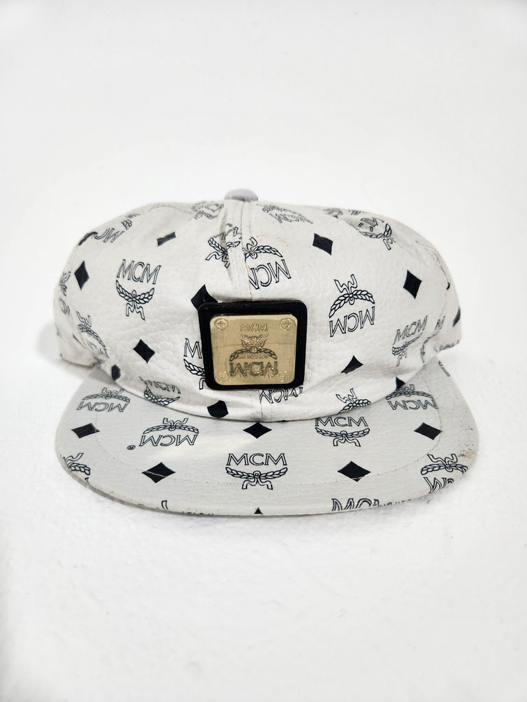 Vintage MCM Muchen White Leather Snapback Hat