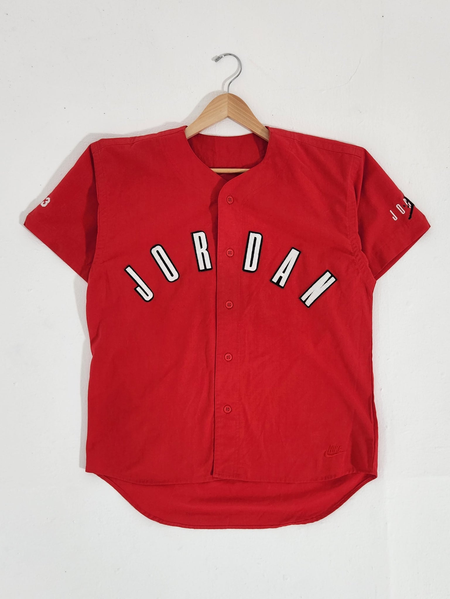 Vintage 1990s NIKE Michael Jordan Spelled Out Red Baseball Jersey Sz.