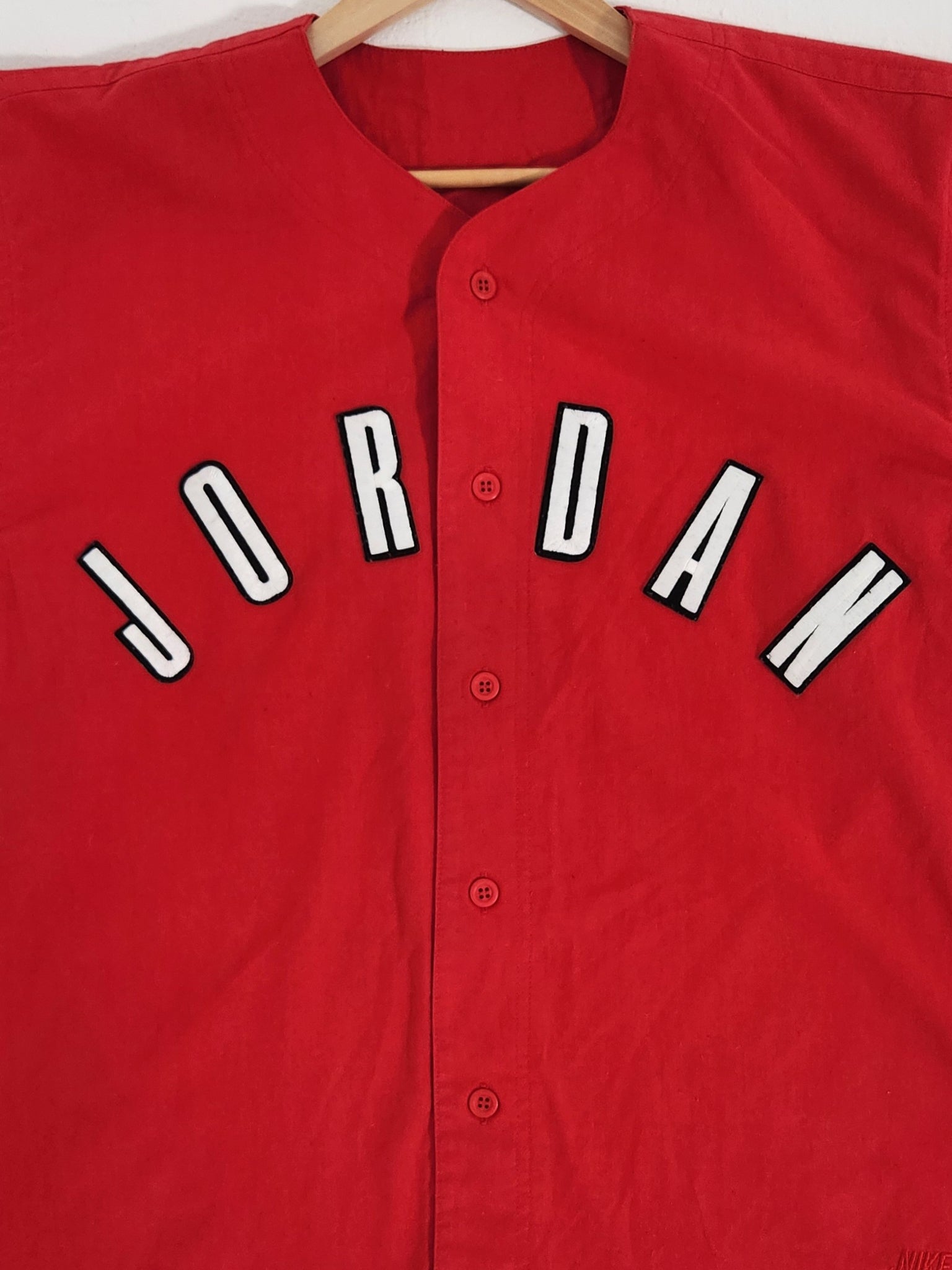 Vintage 1990s NIKE Michael Jordan Spelled Out Red Baseball Jersey Sz.