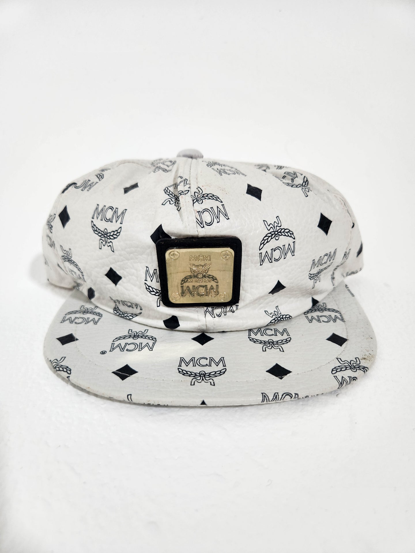 Vintage MCM Muchen White Leather Snapback Hat