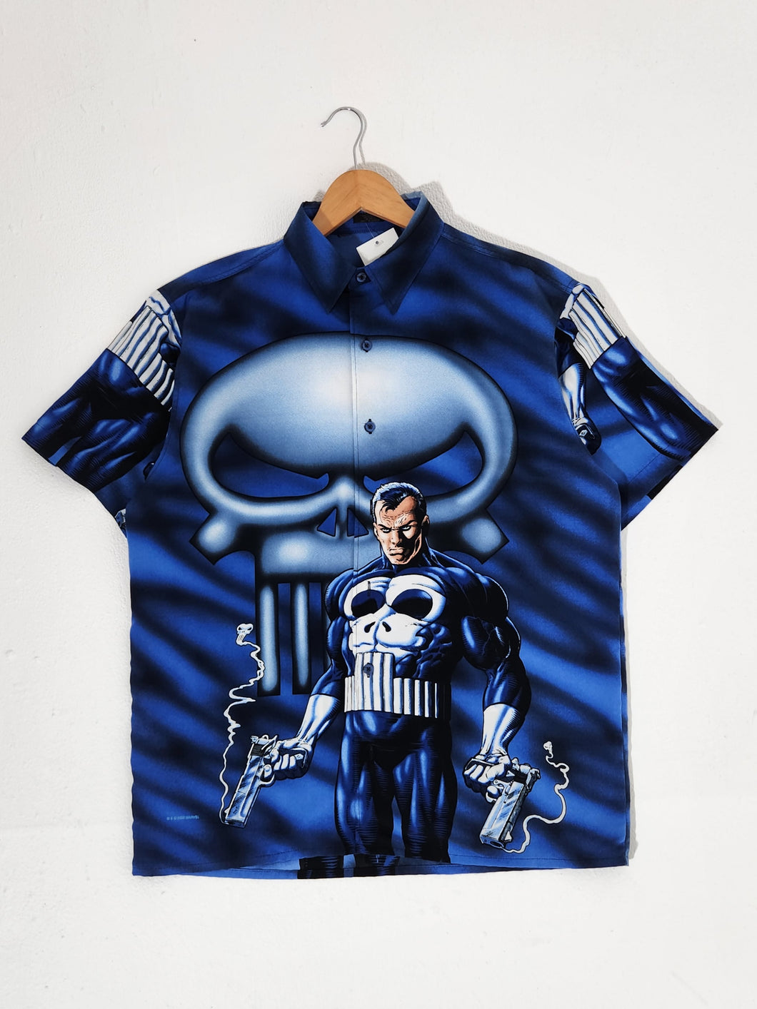 Vintage 2000s Blue Punisher Y2K Button Down Shirt Sz. L