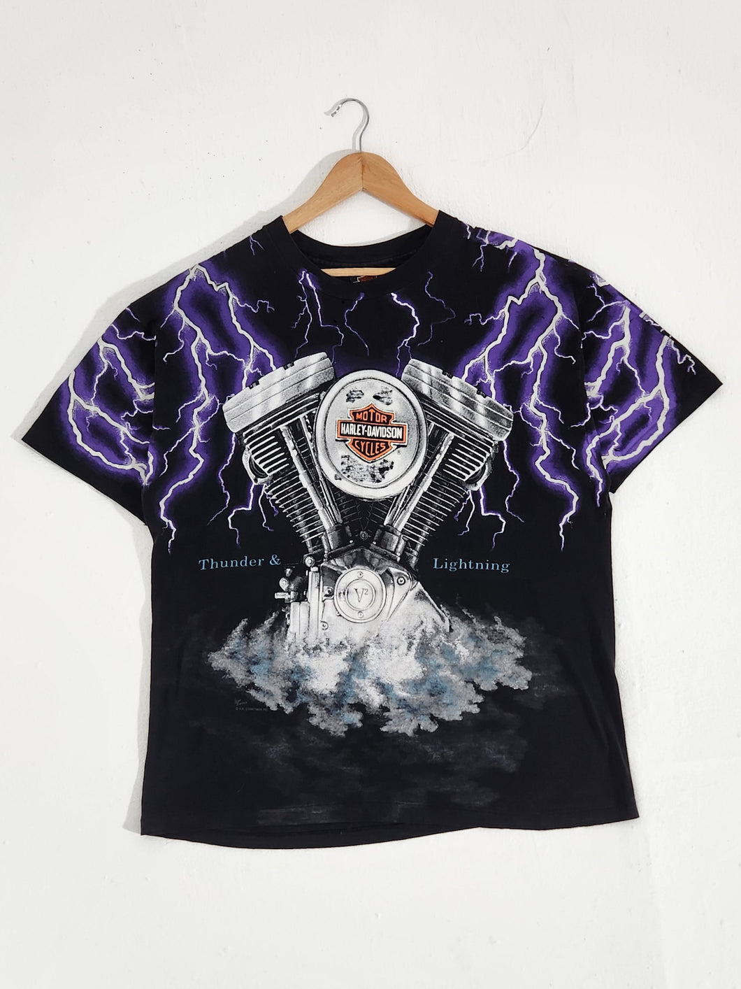 Vintage Harley Davidson Engine Lightning AOP T-Shirt Sz. XL