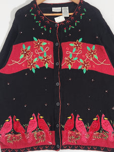 Vintage 90s Beaded Fall Festive Black/Red Knitted Cardigan Sz. 2XL
