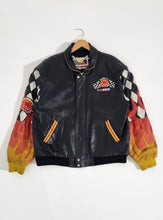 Vintage 1990s Jeff Hamilton "Experience the Pace of Nascar" Flame Checkered Leather Jacket Sz. XL