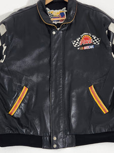 Vintage 1990s Jeff Hamilton "Experience the Pace of Nascar" Flame Checkered Leather Jacket Sz. XL