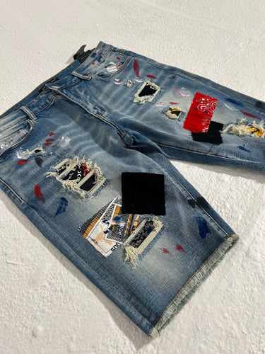 Embellish Painted Distressed Denim Jean Shorts Sz. 38