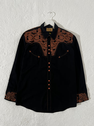 Skully  Gun Fighter Copper Embroidered  button up shirt  Sz L