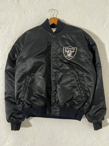 RARE PADS Vintage 1990s Oakland Raiders Satin 'SPELL-OUT' Starter Jacket Sz. XL
