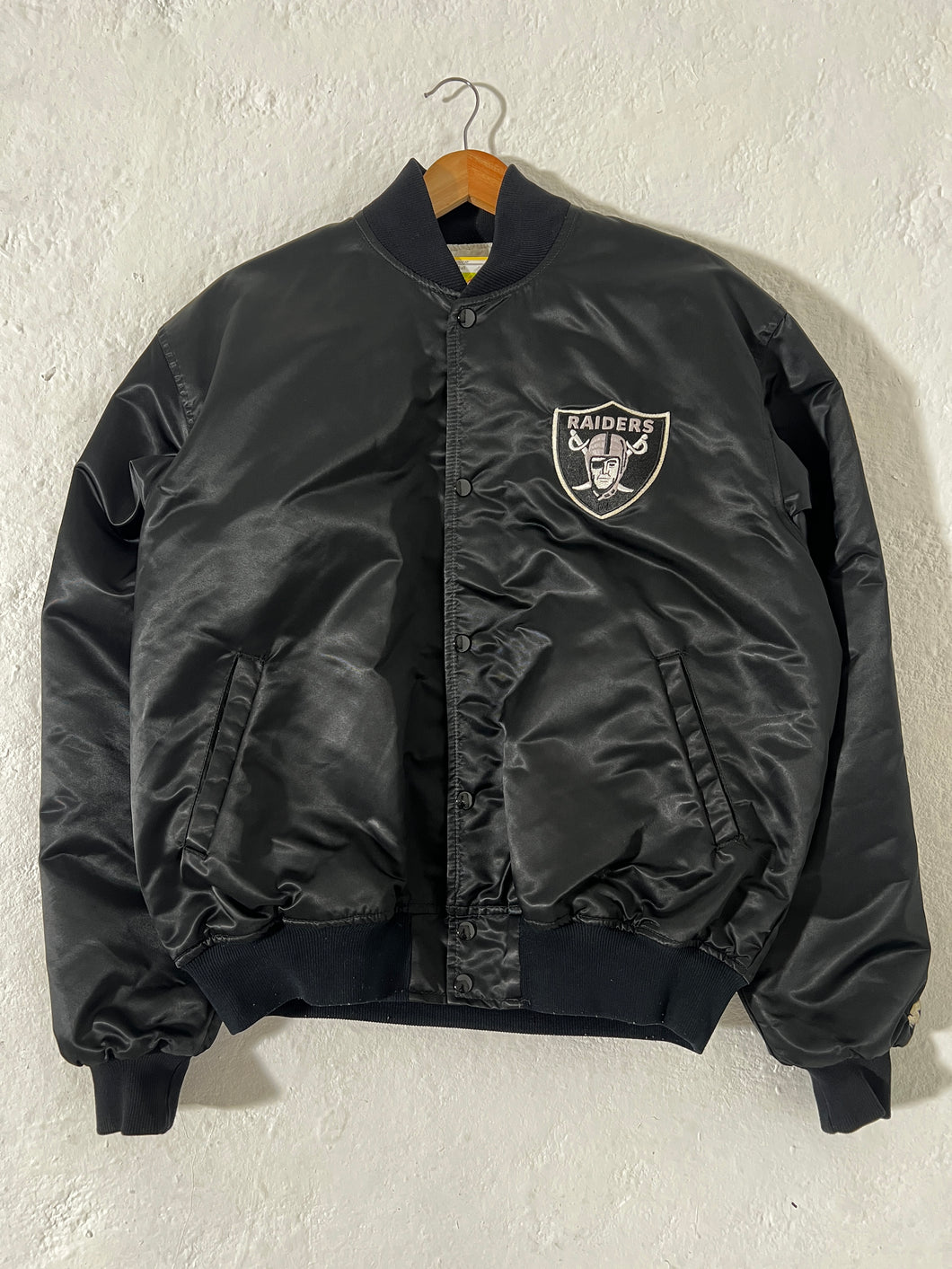 RARE PADS Vintage 1990s Oakland Raiders Satin 'SPELL-OUT' Starter Jacket Sz. XL