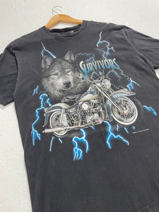 90s American Thunder “Survivors” Biker Wolf Lightning T-Shirt SZ L