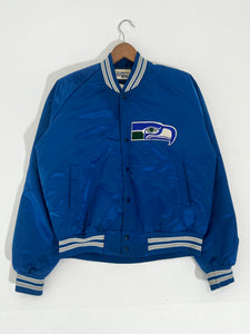 Vintage 1990's NFL Seattle Seahawks Chalk Line Satin Bomber Jacket Sz. L