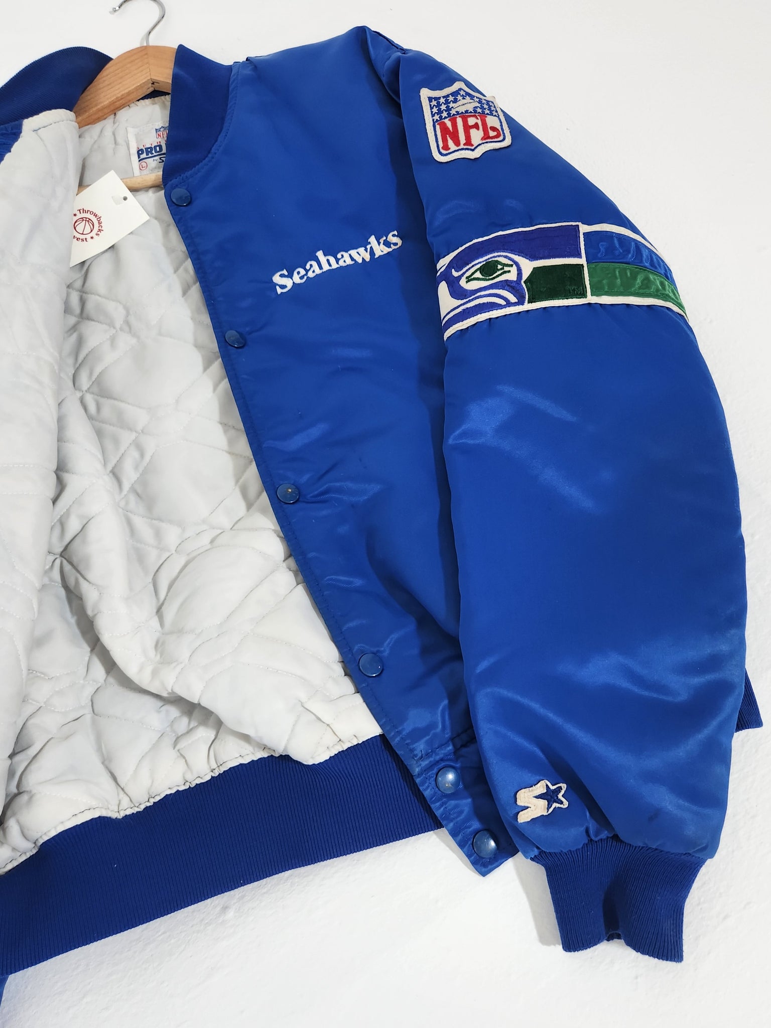 Vintage 1990's Blue Seattle Seahawks Satin Starter Jacket Sz.L