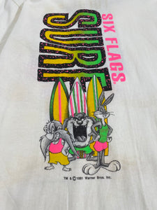 Vintage 1991 Looney Tunes x Six Flags Amusement Park "SURF" T-Shirt Sz. L